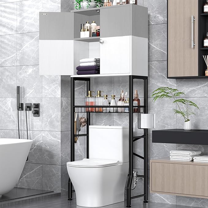 Over the Toilet Storage Cabinet - Freestanding Bathroom Organizer Shelf with Doors, gray & White Over the Toilet Shelves that Separates Wet and Dry Areas, Privacy Protection Above Toilet Storage Rack