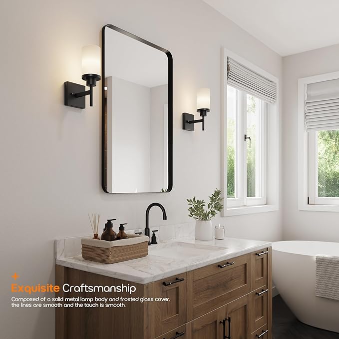 AONEON Wall Light Fixtures Matte Black Bathroom Vanity Lights Over Mirror with White Frosted Glass, Wall Lamps for Hallway Washroom Porch Entrance T001MB-L1