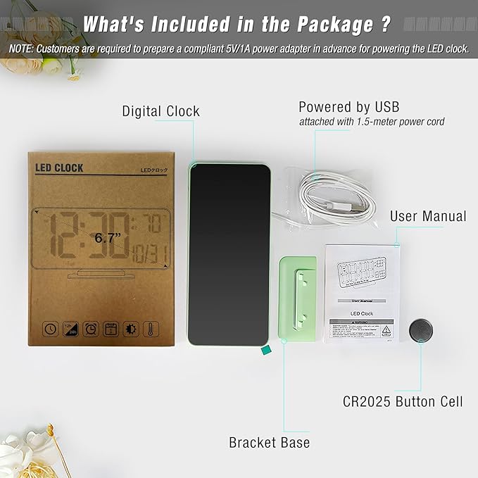 KOSUMOSU Small Digital Clock, 6.7in Alarm Clocks for Bedrooms, Auto Dimming, Room Temperature, Day of The Week, Seconds, Date, Desk Clock for Bedroom, Digital Clocks for Living Room