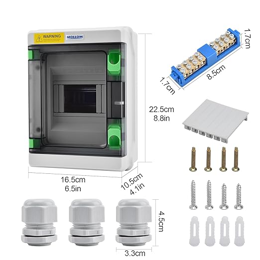 Mollom 5 Way HA Series Power Distribution Box with Bus Bars and Din Rail for Miniature Circuit Breaker MCB,Waterproof IP66,Solar Power Distribution Panel for Indoor and Outdoor Use