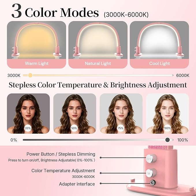 BLUVALL Half Moon Light for Nail Desk, Portable Nail Light for Desk with Phone Holder, Stepless Adjustment of Brightness and Color Temperature, Desk Lamp for Nail Tech, Eyelash, Tattoo, Makeup (Pink)