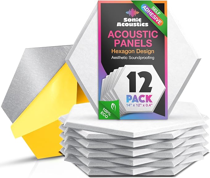 Acoustic Panels 12 Pack Soundproof Wall Panels, 14" X 12" X 0.4" Sound Proof Panles, High-Density Wall Decoration Sound Absorbing Panel, Hexagon Wall Panel for Home Office with Self-Adhesive (White)