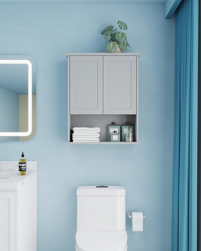 Bathroom Cabinet Wall Mount Buffering Hinge,23"x29" inch Over Toilet Storage Cabinet and Adjustable Shelves, Large Space Wooden Medicine Cabinet (Light Gray)