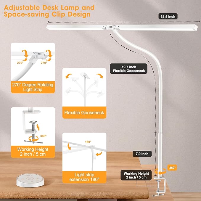Pzloz Led Desk Lamp for Office Home - Eye Caring Architect lamp with Clamp,Dual Screen Computer Monitor Work Smart Light: 24W 5 Color Flexible Adjustable Lighting Table Lamp for Study Drafting Beige