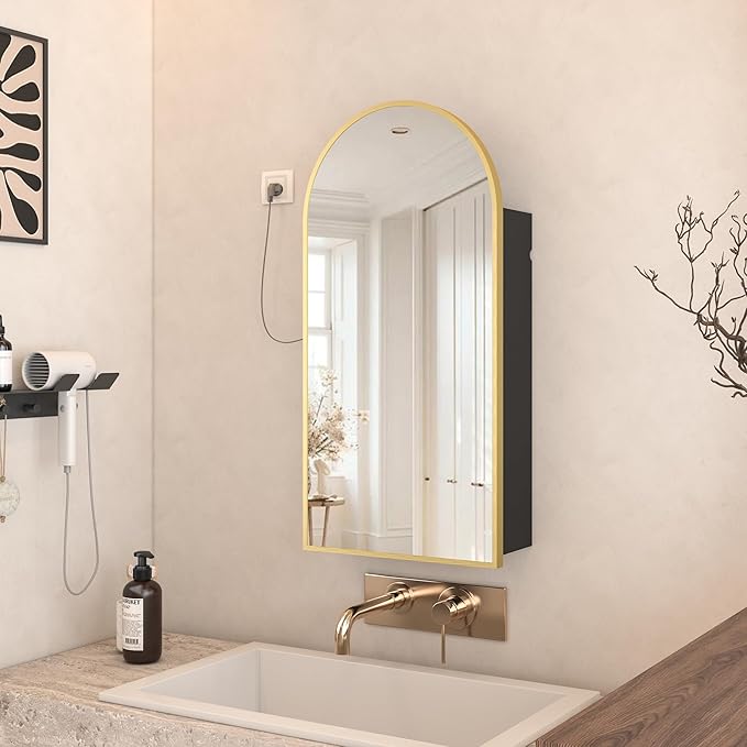Gold Bathroom Medicine Cabinet with Mirror,Arched Bathroom Cabinet with Outlets,Vanity Mirror with Storage,Wall Mounted Medicine Cabinet with Adjustable Shelves,2 Power Outlets,16X32 Inch