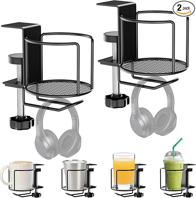 2-in-1 Desk Cup Holder,Anti-Spill Table Water Bottle Holder,Clamp On Table Stainless Steel Drinking Holder,Compatible with Universal Cups/Bottles/Mugs/Cans/Tumblers/Thermoses/Glass,2 Pack