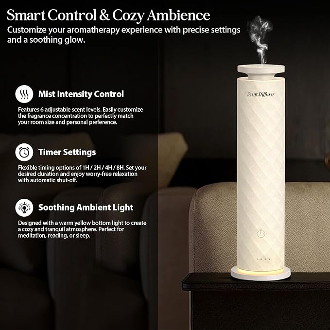 Waterless Scent Diffuser Starter Kit with 5 Oils, Luxury Hotel Style Cold Air Diffuser Oil Machine for Home, 1000 Sq Ft Coverage, Quiet Nebulizing Aromatherapy with Remote, Tower Fabric Design, Cream