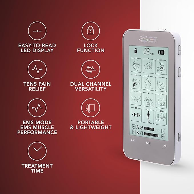 Massage Therapy Concepts Deluxe TENS Unit Muscle Stimulator & Accessories - Non-Invasive EMS Machine for Neck & Back Pain Relief, Sciatica - Electrotherapy with 12 Modes & 20 Intensity Levels