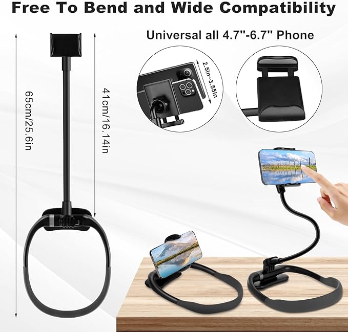 Cell Phone Stand, Neck Cell Phone Holder, Hand Free Flexible Gooseneck Phone Holder for Bed, Neck Phone Holder POV/Vlog Selfie Mount, Universal Multi-Functional Phone Stand for 4.7''-6.7'' Phone