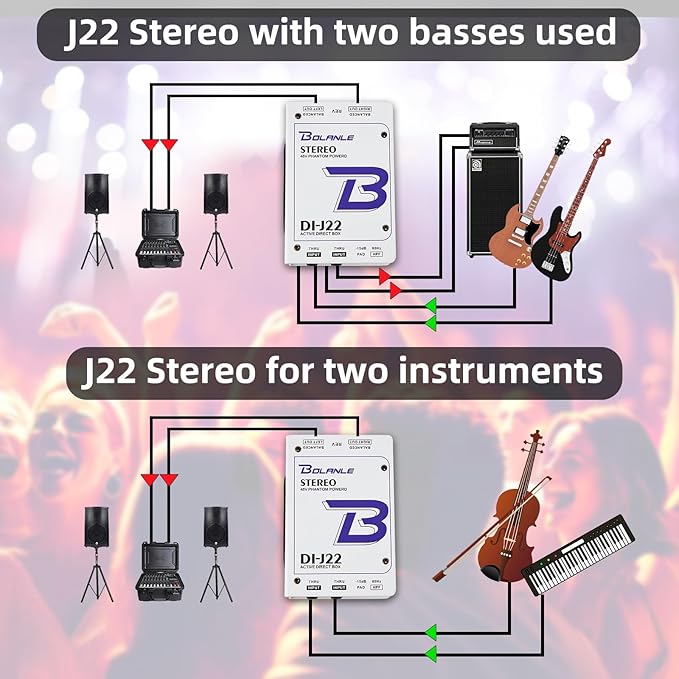 Bolanle J22 Professional Stereo DI Box/Splitter XLR 1/4 inch, Dual Channel Direct Box for Sound System, Subwoofer, Karaoke Speaker, Guitar, Keyboard, Bass