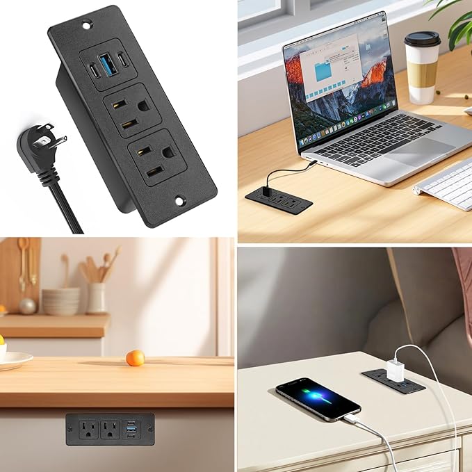 Recessed Power Strip USB, 20W Fast Charging Furniture Outlet - 2 AC & 3 USB (2 USB-C + 1 USB-A) for Desk, Bedside, Drawer, Conference Table - Space-Saving, Easy Install, 6FT Cord, Black