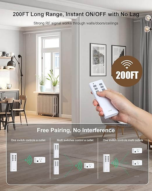 Remote Control Outlet, 200FT Long Range Wireless Light Switch, Mini Electrical Outlet Plug, 15A/1875W High-Power Switch for Lights, Fans, Household Appliances, FCC & ETL Listed (3 Outlets + 1 Remote)