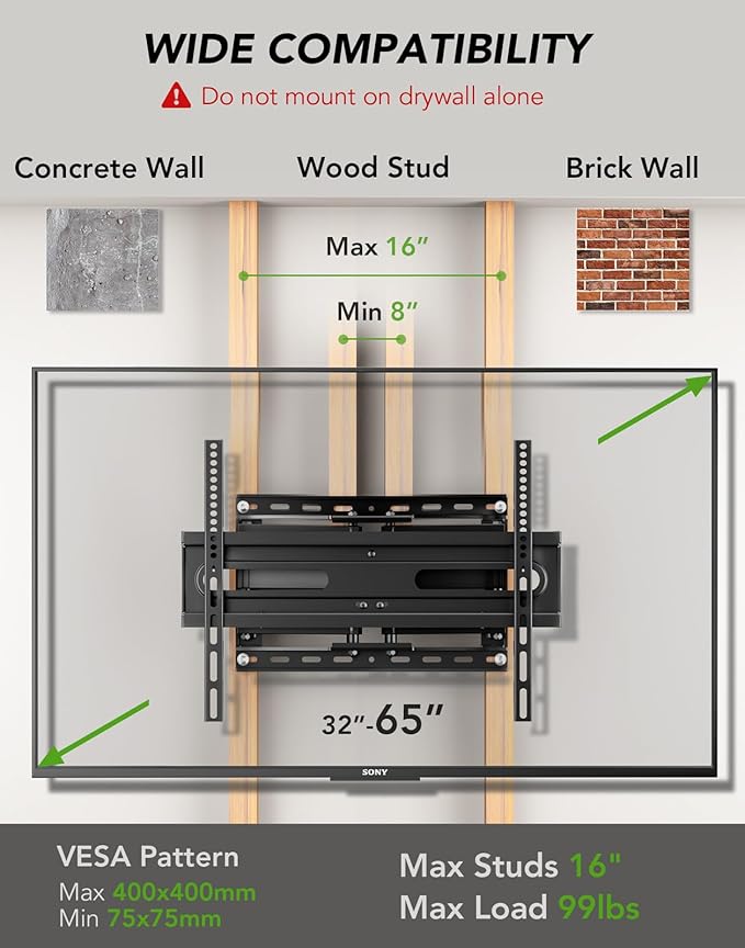 AX WABER TV Wall Mount Bracket for 32-65 Inch TV Full Motion Dual Articulating Arm with Swivel & Tilt, Max VESA 400x400mm，Fits 8” 12” 16" Studs, Supports 99 lbs for Flat & Curved Screens AX02MB01﻿