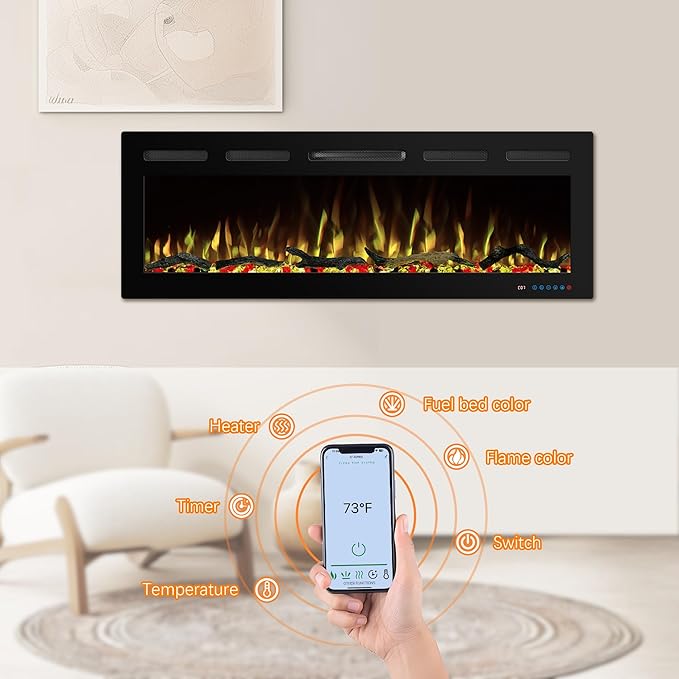 33" WiFi Electric Fireplace Inserts, Recessed and Wall Mounted Fireplace Heater W/Adjustable Flame Color & Brightness, Thermostat, 9H Timer, App and Remote Control, 750/1500W
