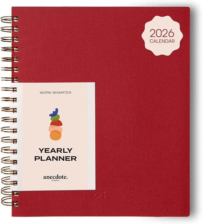 Anecdote 2026 Planner (8.5" x 10") Daily Planner Weekly Monthly Planner - 52 Weeks w/Library Buckram Cover, Brass Spiral - A4 Size Bleed-Resistant Paper – Red