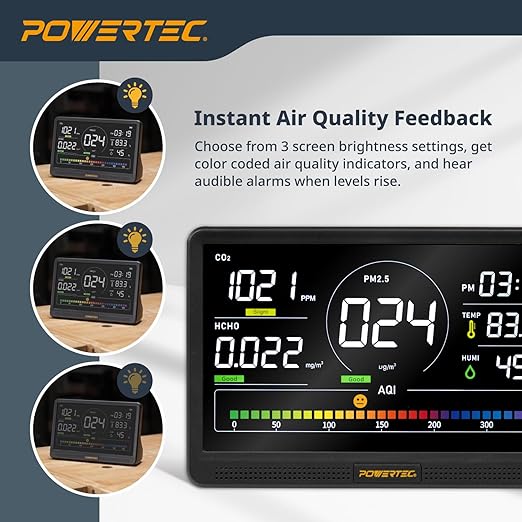 POWERTEC AD1001 Air Quality Monitor with 7” LCD Display – Multi-Sensor CO₂, PM2.5, PM10, HCHO, TVOC Detector, NDIR Sensors, Rechargeable Indoor/Workshop Air Monitor