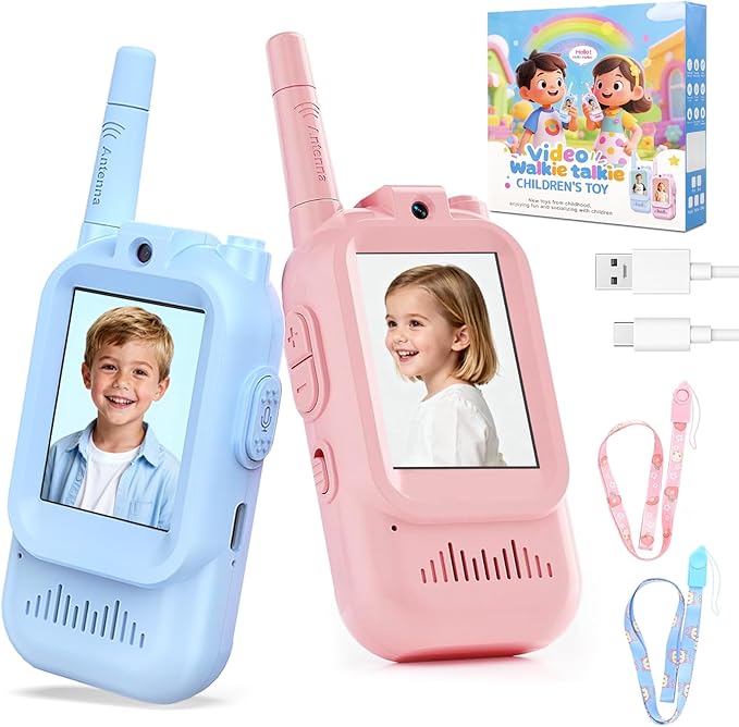 Video Walkie Talkies for Kids, 2 Pack Rechargeable Kids Walkie Talkies with HD Camera, Real-Time Video Chat, Voice Changer, 1000FT Range, Outdoor Toys for Boys Girls Ages 3-12(Baby Blue/Baby Pink)