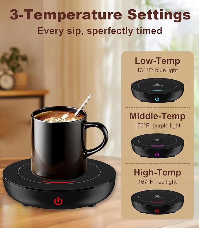 Kepwam Coffee Mug Warmer for Desk, 3-Temp Fast Heating Cup Warmer with 6H Auto Shut Off, LED Light & Smart Candle Warmer for All Beverages, Ideal Gifts for Women Men