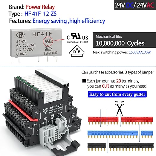 3Pcs Electromechanical Relay Black Miniature Power Relay 24VDC and 24VAC HF41F/24-ZS 6Amp SPDT with LED Light, DIN Rail, Ultra Small and Thin Socket