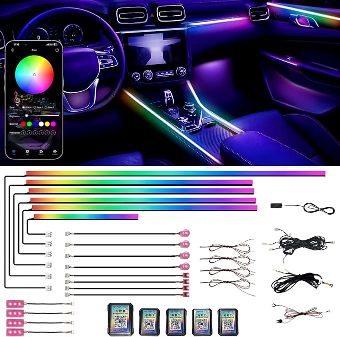 Acrylic Interior Car LED Strip Lights, Colorful 18-in-1 Car Ambient Lighting Kit, with Wireless APP Control, 622 LED Fiber Optic Strip Lights for Cars, Supports Neon Sync with Music DIY Mode.