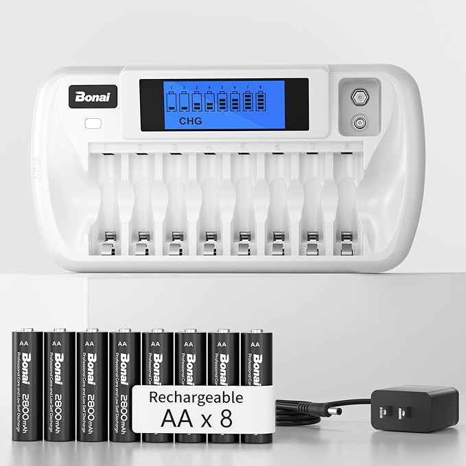 BONAI Rechargeable AA Batteries with Charger, 8+1 Bay Battery Charger with LCD Display for 1.2V NiMH AA AAA 9V, 2800mAh High Capacity Low Self Discharge- 8 Pack