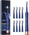 AJELU IPX7 Waterproof Sonicare Electric Toothbrush, 2-Hour Fast Charge with Intelligent Time Reminder, 5 Modes, 8 Brush Heads, Travel, Indoor, Outdoor, Blue