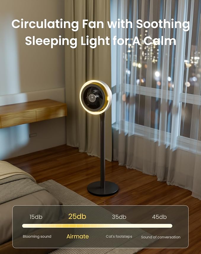 AIRMATE Standing Fan for Bedroom, (60°/90°/120°) Oscillating Fan with Light, Digital Display, (12-43") Adjustable Height, 16 Speeds, 12H Timer, 25dB, 92ft Quiet Pedestal Fan with Remote, DarkGrey