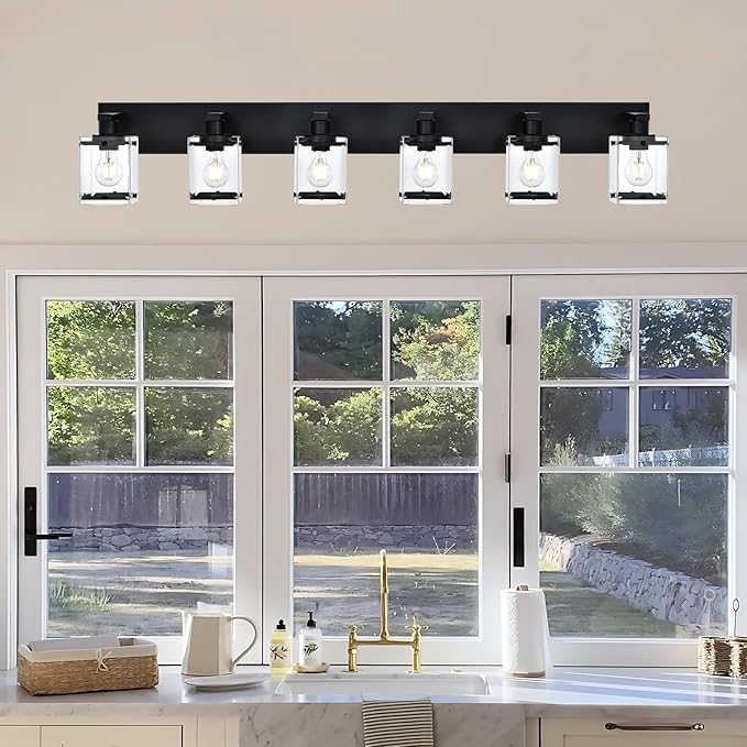 WINSHEN 6-Light Bathroom Light Fixture Black Finish, Modern Vanity Lighting with Rectangular Clear Glass for Over Mirror Kitchen E26 Bulb Base