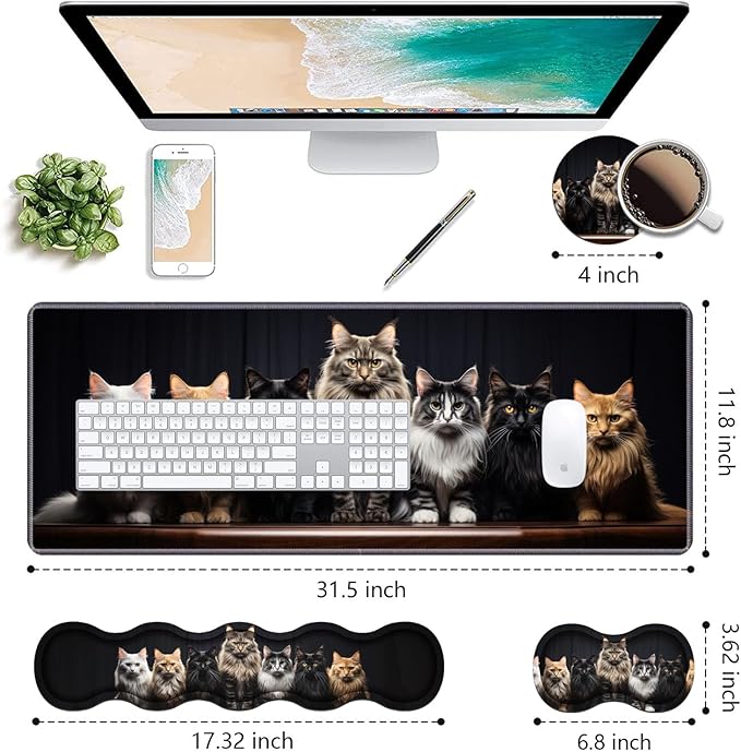 Ergonomic Keyboard Wrist Rest & Mouse Pad Wrist Rest Set,Large Gaming Desk Mat 31.5"x 11.8" with Non-Slip Base,Memory Foam,Easy Typing Pain Relief for Home & Office,A Group Fluffy Cats Stand in A Row