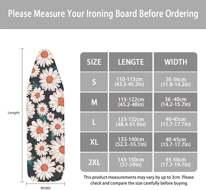 ZCFYGDX Breathable Ironing Board Cover,Resist Scorch Polyester & Staining,Wear & Soil Resistant Covers, Easy Installation 3 Fasteners,Elastic Edges (14 x 45 inch) Oil Painting White Daisy Print