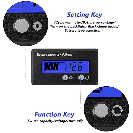 DC 12V 24V 36V 48V 60V 72V 84V Golf Cart Battery Meter with Alarm, Front Setting and Switch Key Battery Capacity Voltage Indicator Gauge Acid and Lithium ion Indicator(Blue)