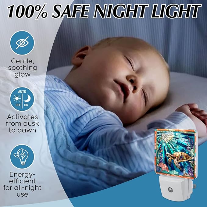 PODMemory Sea Turtle Stained Glass Night Lights Plug into Wall for Room, Sea Turtle Night Light LED for Bedroom