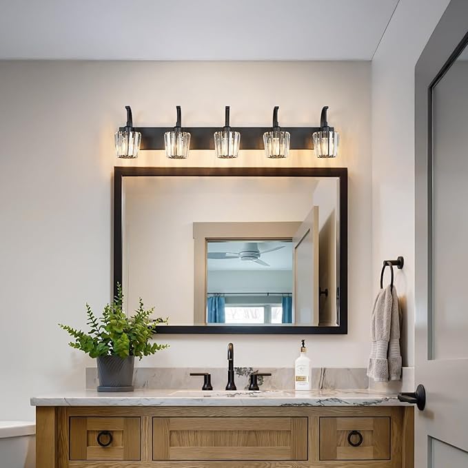 FDPBY Modern Bathroom Vanity Light, 5-Light Black Wall Sconce with Crystal Accents, Over Mirror Bathroom Lighting Fixture, 42.51" Long Dimmable Vanity Lamp for Makeup, Easy Installation