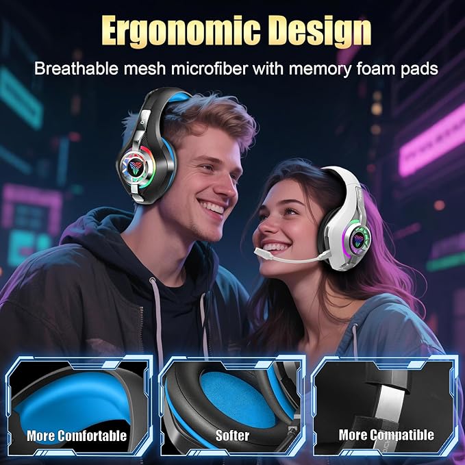 Ordtop 2.4GHz Wireless Gaming Headsets for PS5/PS4/Switch, 2026 RGB Noise Cancelling Over-Ear Headphones with 7.1 Surround Sound, 40mm Drivers, 276g Ultraligero, Memory Foam, 45H Gaming Headphones