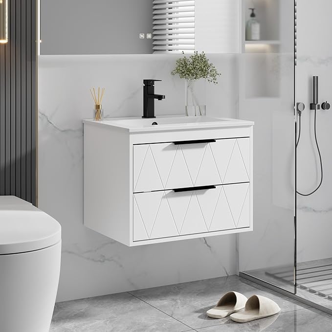 eclife 24" Bathroom Vanities Cabinet with Sink Combo, Wall Mounted Floating Cabinet W/Decor Line, Soft-Close System, 2 Extra Big Drawers, Matte Black Faucet, White