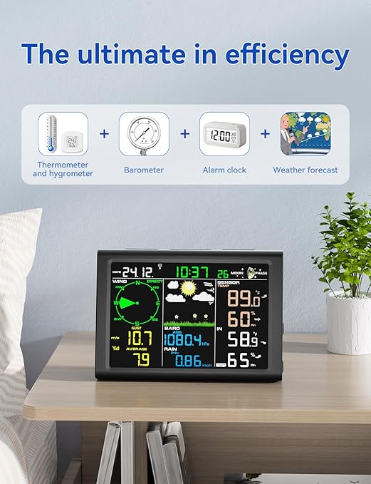 AIRAIN TECH 10-in-1 Wireless Weather Station,with Outdoor Sensor,Rain Gauge,Atomic Clock,Wind Speed/Wind Direction,Indoor Temperature and Humidity,Barometer,Weather Forecast, etc.(NO WiFi)