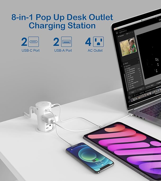 Jgstkcity 2.5 inch Hole Pop up Outlet for Countertop,20W USB C,4 USB Ports,4 Outlets 15Amp Receptacle Flush Mount,Space Saver Recessed Outlet,1875W,ETL Listed,2 PCS (White, 20W USB)