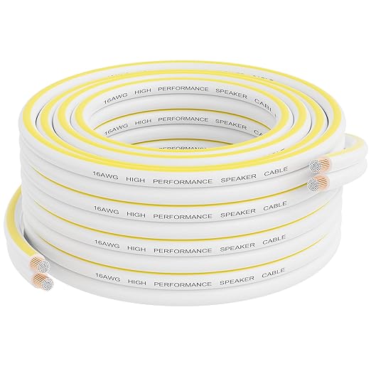 Mygatti 14AWG Speaker Wire 25 FT, 14/2 Gauge Audio Speaker Wire, for Car Speakers Stereo, Home Theater, Automotive Wire, White Jacket with Yellow Polarity Marker, CCA, 2 Conductors Electrical Wire
