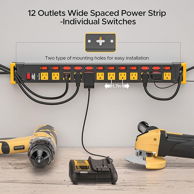 CRST 12 Outlet Heavy Duty Metal Power Strip with Individual Switches, 9FT Surge Protector Power Strip with Cord Managment, 15A/1875W 1020J Wide Spaced Outlets for Garage, Workshop, Home, School