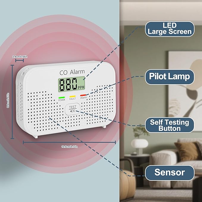 Carbon Monoxide Detector Powered by AA Battery (not Included),CO Monitoring Alarm with LCD Display Screen, Used for Home Basement Kitchen, Hotel Garage, Bedroom, Living Room Voice Alarm 1 Pack