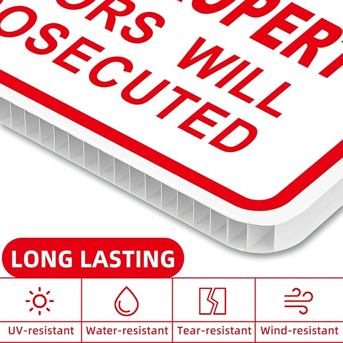 NO Trespassing Signs Private Property Video Surveillance Sign, Large 4-Pack 13"x10" Double-Sided Signs, Corrugated Plastic, H-Metal Stakes, Outdoor Yard Sign for Home and Front Door Land, and Garden, Lawn