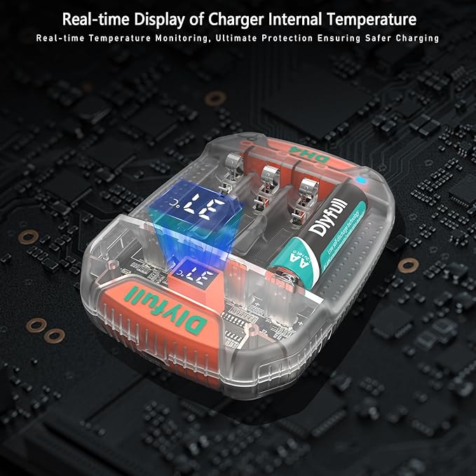 Dlyfull 4 Bay AA AAA Battery Charger with Temperature Monitoring, Independent Slots for 1.5V Lithium & 1.2V NiMH NiCd Rechargeable Batteries, Cable Included