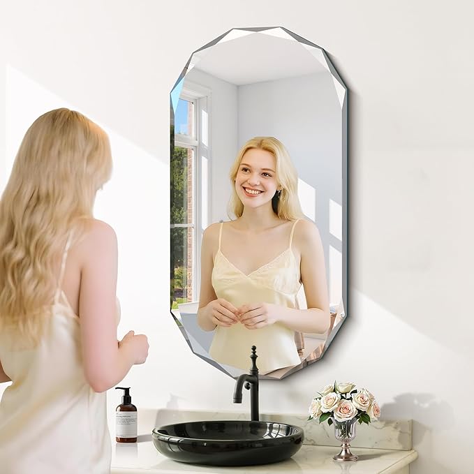 GLASHOM Beveled Edge Frameless Bathroom Mirror, Oval Wall Mirror for Over Sink, 20" x 40" Modern Decorative Vanity Mirror for Bedroom, Living Room,Entryway, Hanging Mirror Horizontal or Vertical