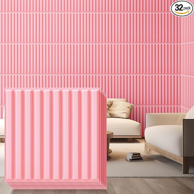 Nuanchu 32 Pcs 3D Slat Wall Panels 12 x 12 Inch PVC Fluted Textured Panel Cuttable Paintable DIY Wall Art Decorative Tiles for Ceiling Studio Bathroom Interior TV Background (Pink)