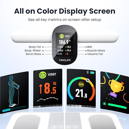 YINOLIFE Smart Scale for Body Weight, 8 Electrode Bathroom Scale for Weight Fat BMI Muscle Mass, 28 Full Body Composition Analyzer, Accurate Weight Scale, Rechargeable, 400 lbs, White