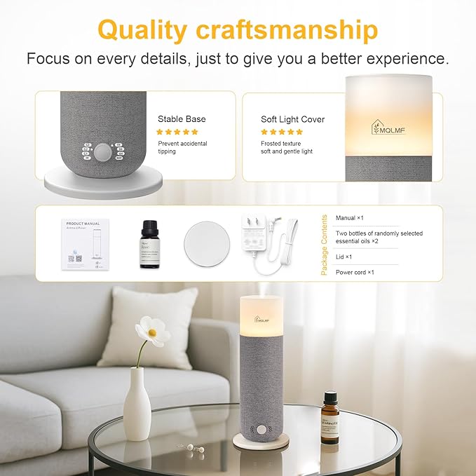 Hotel Collection Diffuser Machine,Fabric-Wrapped Design,Candlelight Atmosphere Lamp,Whisper-Quiet,1000 Sq Ft,Scent Waterless Essential Oil Diffuser,Scent Air Machine Home - Grey