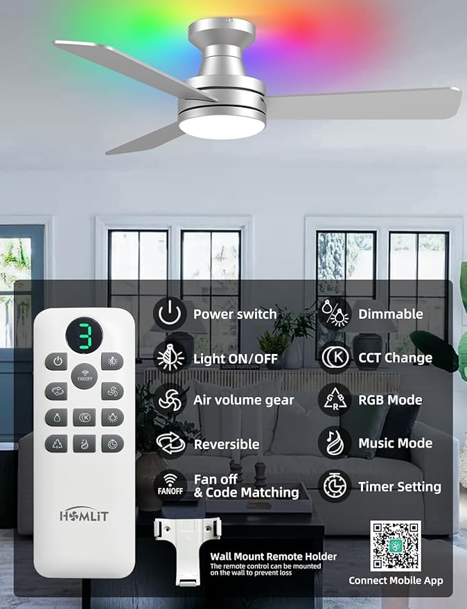 Homlit 42 inch RGB Ceiling Fan with Light, Smart App & Remote Control Low Profile Flush Mount, Music Sync Lighting, 6-Speed Quiet Reversible DC Motor, 4CCT Dimmable for Home Office Party, Silver
