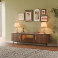 POVISON Fully-Assembled Mid Century Modern Black TV Stand with White Matte Travertine Stone Tabletop & LED Lights, Rolling Door Media Console, Wood TV Console for Living Room