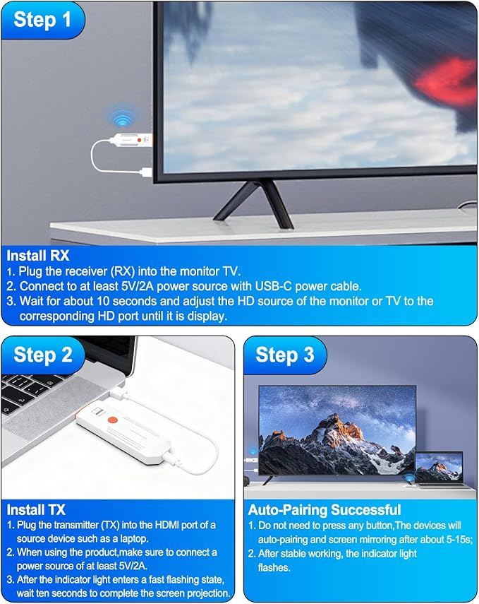 2026 Upgraded Wireless HDMI Transmitter and Receiver 328FT/100M, 4K Decode 1080P@60Hz Ultra HD, Plug & Play 5G+2.4G HDMI Extender Display Dongle Adapter for Video/Audio to Monitor from Laptop/TV Box