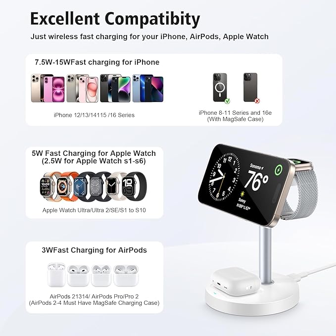 3 in 1 Wireless Charging Station for Apple Devices, 15W Fast Magnetic Charger Nighstand for Bedrooms, iPhone 17 Air 16 15 14 13 12 11 Series, Apple Watch, Airpods, Gifts for Men & Women(No AC Adapter)